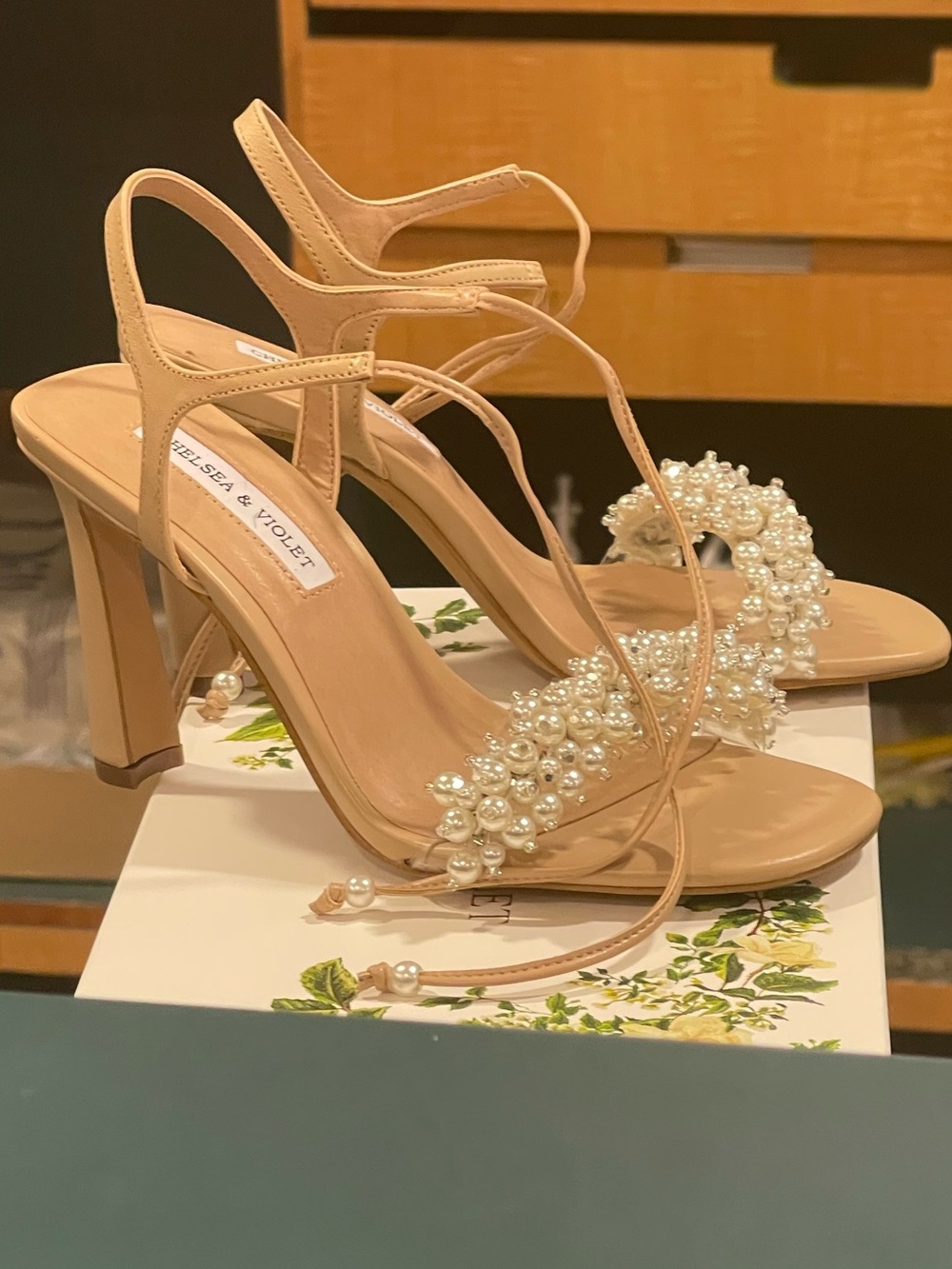 Chelsea & Violet Tristy pearl-embellished square toe sandals in beige